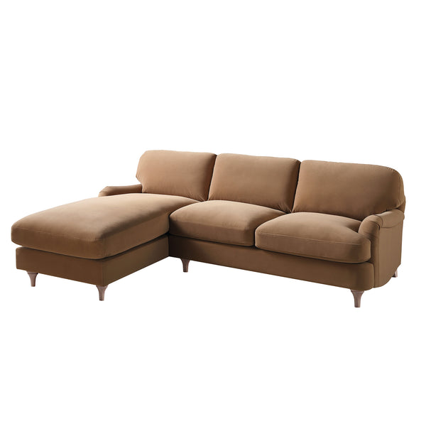 Daphnis Camel Velvet Sofa, Grande Chaise Sofa Left Hand Facing