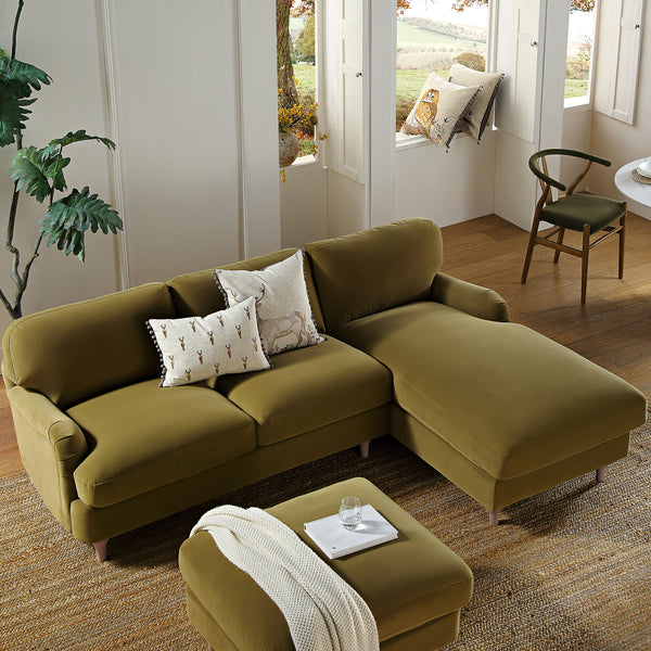Daphnis Fudge Velvet Sofa, Grande Chaise Sofa Right Hand Facing