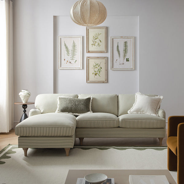 Daphnis Green Striped Linen Blend Sofa, Grande Chaise Sofa Left Hand Facing