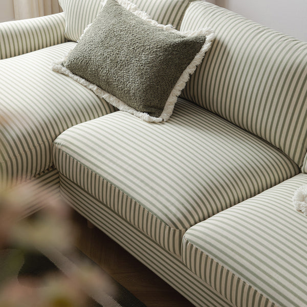 Daphnis Green Striped Linen Blend Sofa, Grande Chaise Sofa Left Hand Facing