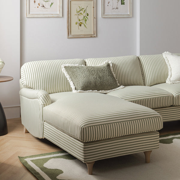 Daphnis Green Striped Linen Blend Sofa, Grande Chaise Sofa Left Hand Facing