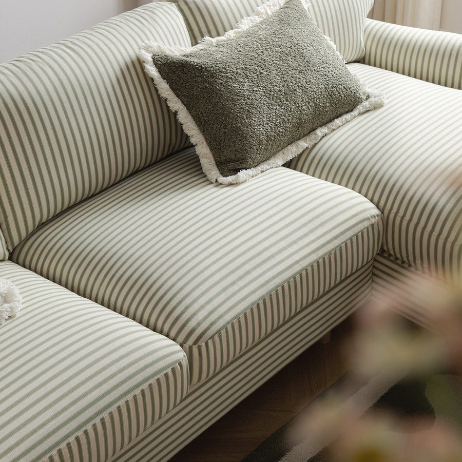 Daphnis Green Striped Linen Blend Sofa, Grande Chaise Sofa Right Hand Facing