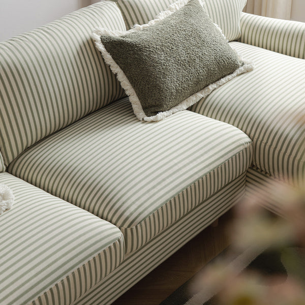 Daphnis Green Striped Linen Blend Sofa, Grande Chaise Sofa Right Hand Facing