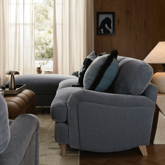 Daphnis Soft Blue Chenille Sofa, Grande Chaise Sofa Left Hand Facing
