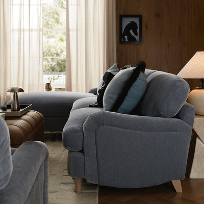 Daphnis Soft Blue Chenille Sofa, Grande Chaise Sofa Left Hand Facing