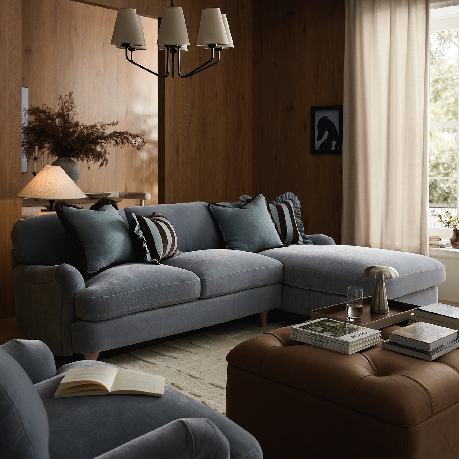 Daphnis Soft Blue Chenille Sofa, Grande Chaise Sofa Right Hand Facing - daals