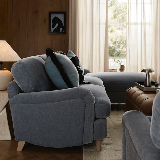 Daphnis Soft Blue Chenille Sofa, Grande Chaise Sofa Right Hand Facing