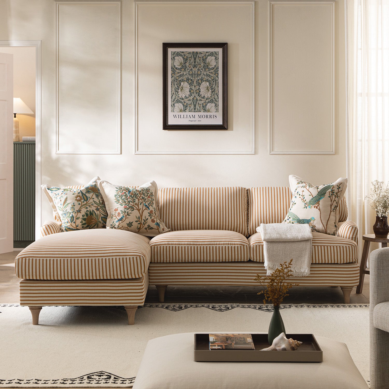 Daphnis Ochre Striped Linen Blend Sofa, Grande Chaise Sofa Left Hand Facing