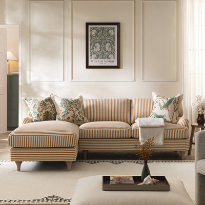 Daphnis Ochre Striped Linen Blend Sofa, Grande Chaise Sofa Left Hand Facing
