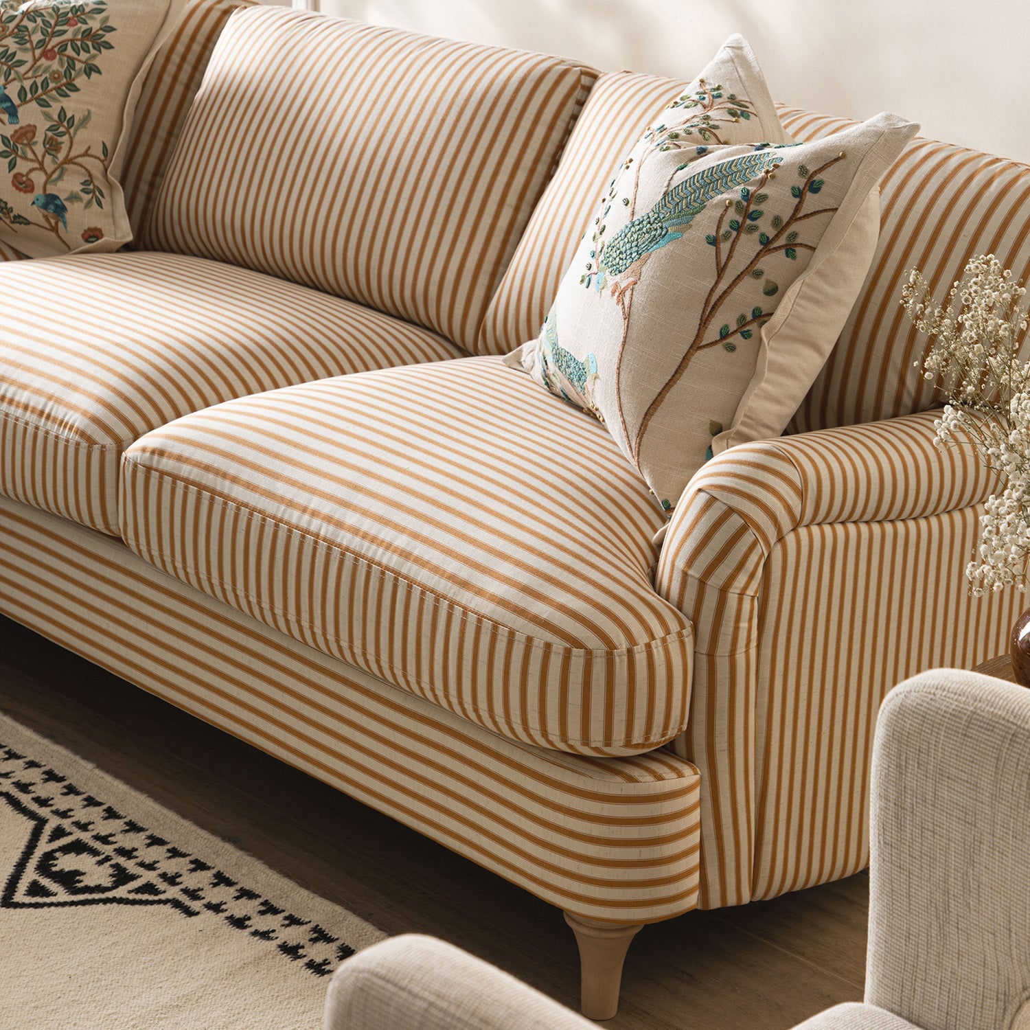 Daphnis Ochre Striped Linen Blend Sofa, Grande Chaise Sofa Left Hand Facing