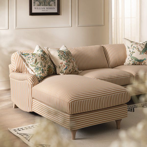 Daphnis Ochre Striped Linen Blend Sofa, Grande Chaise Sofa Left Hand Facing