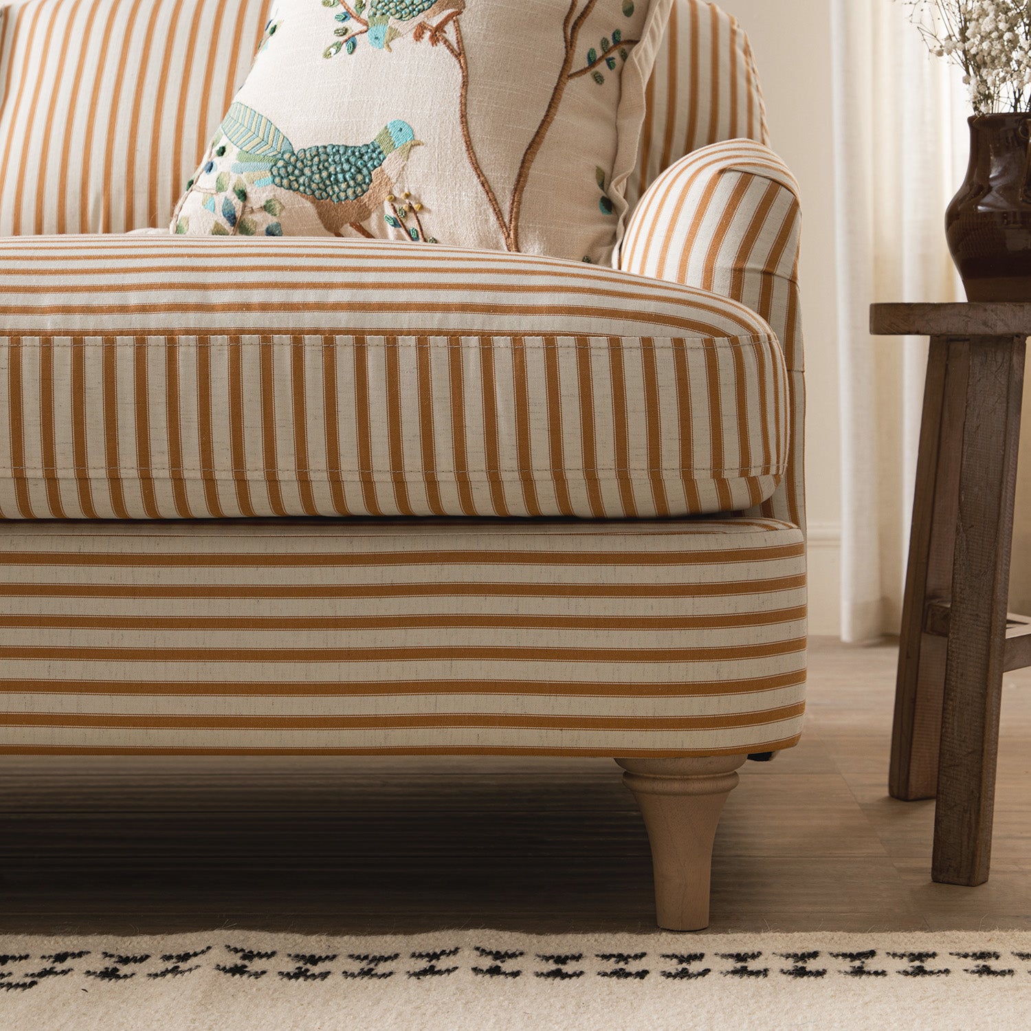 Daphnis Ochre Striped Linen Blend Sofa, Grande Chaise Sofa Left Hand Facing