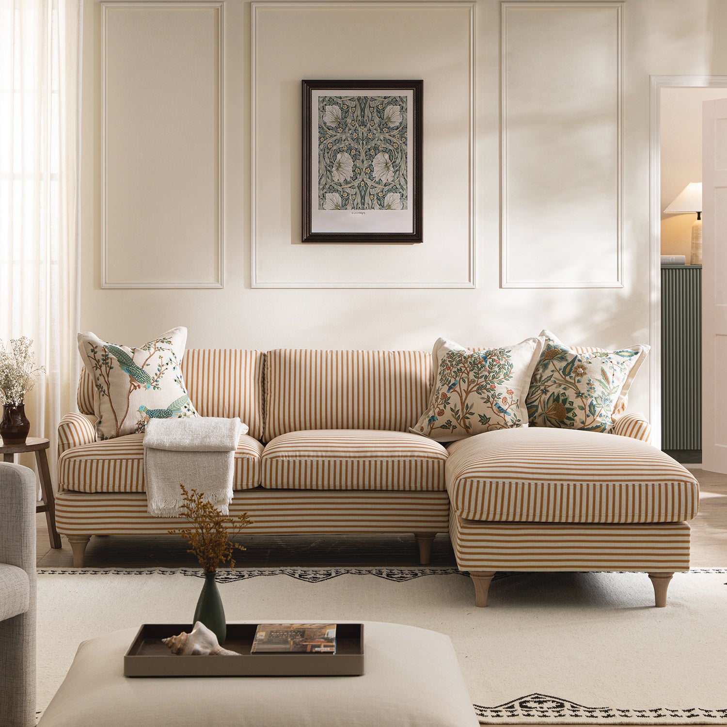 Daphnis Ochre Striped Linen Blend Sofa, Grande Chaise Sofa Right Hand Facing