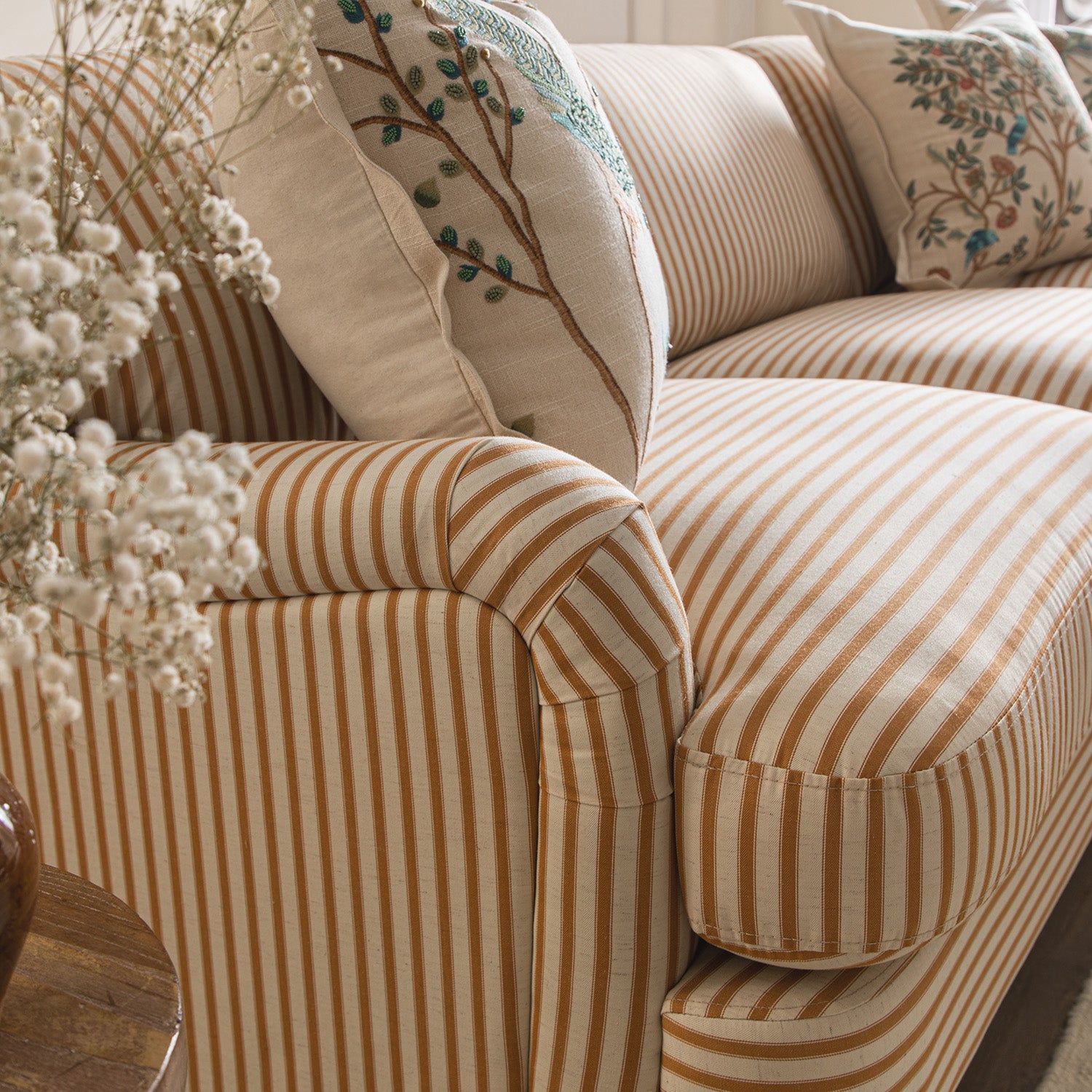 Daphnis Ochre Striped Linen Blend Sofa, Grande Chaise Sofa Right Hand Facing