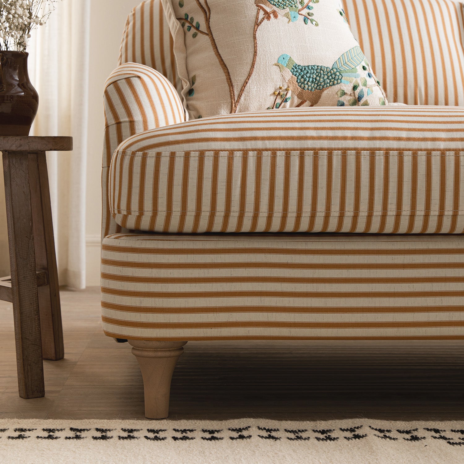 Daphnis Ochre Striped Linen Blend Sofa, Grande Chaise Sofa Right Hand Facing