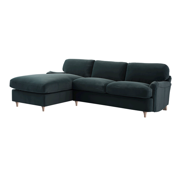 Daphnis Aegean Blue Velvet Sofa Bed, Grande Chaise Left Hand Facing