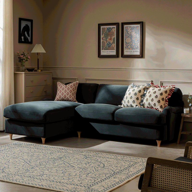 Daphnis Aegean Blue Velvet Sofa Bed, Grande Chaise Left Hand Facing - daals
