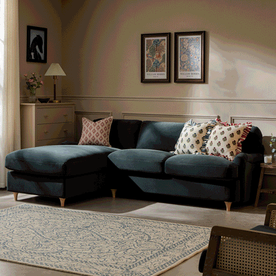 Daphnis Aegean Blue Velvet Sofa Bed, Grande Chaise Left Hand Facing