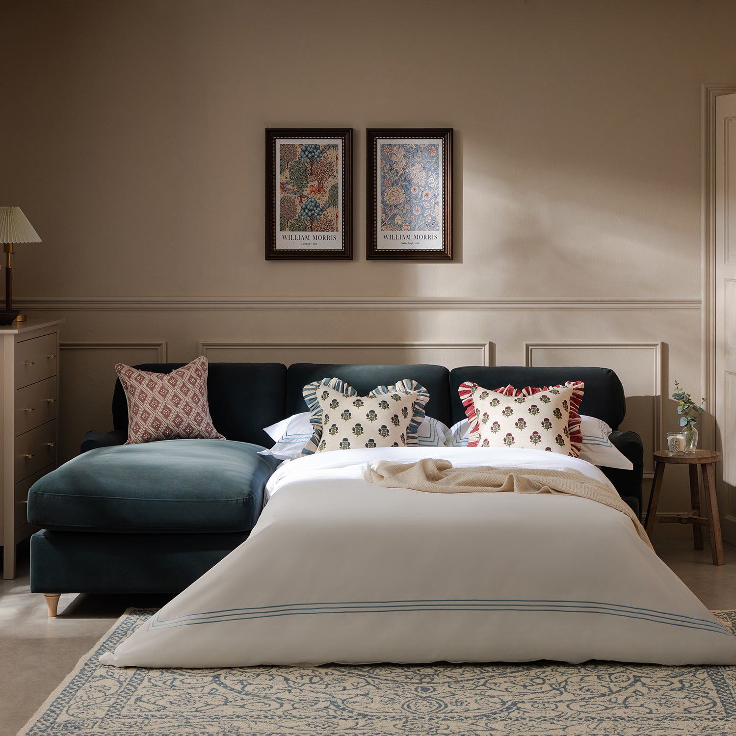 Daphnis Aegean Blue Velvet Sofa Bed, Grande Chaise Left Hand Facing