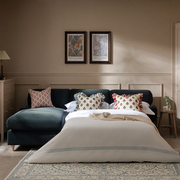 Daphnis Aegean Blue Velvet Sofa Bed, Grande Chaise Left Hand Facing - daals
