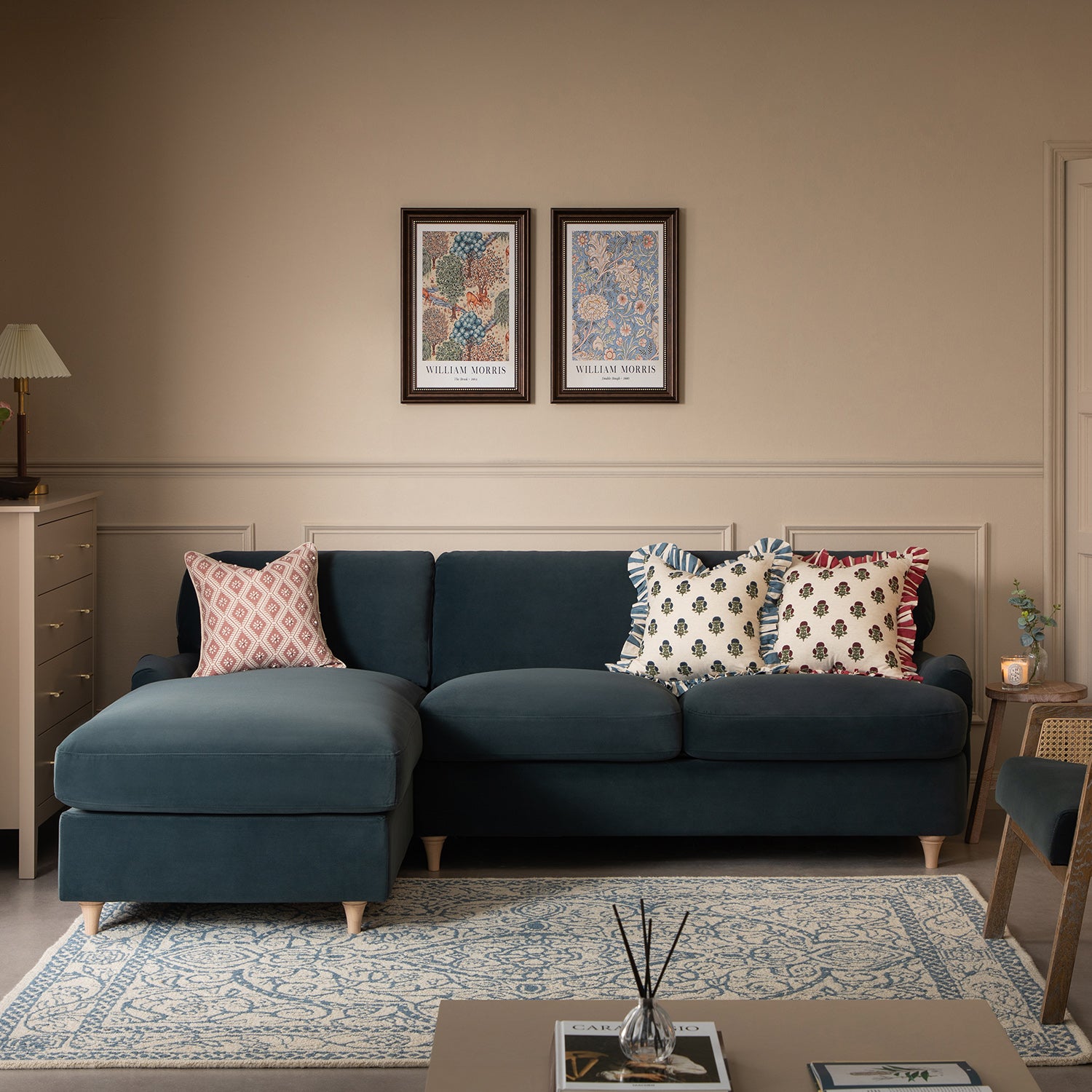Daphnis Aegean Blue Velvet Sofa Bed, Grande Chaise Left Hand Facing