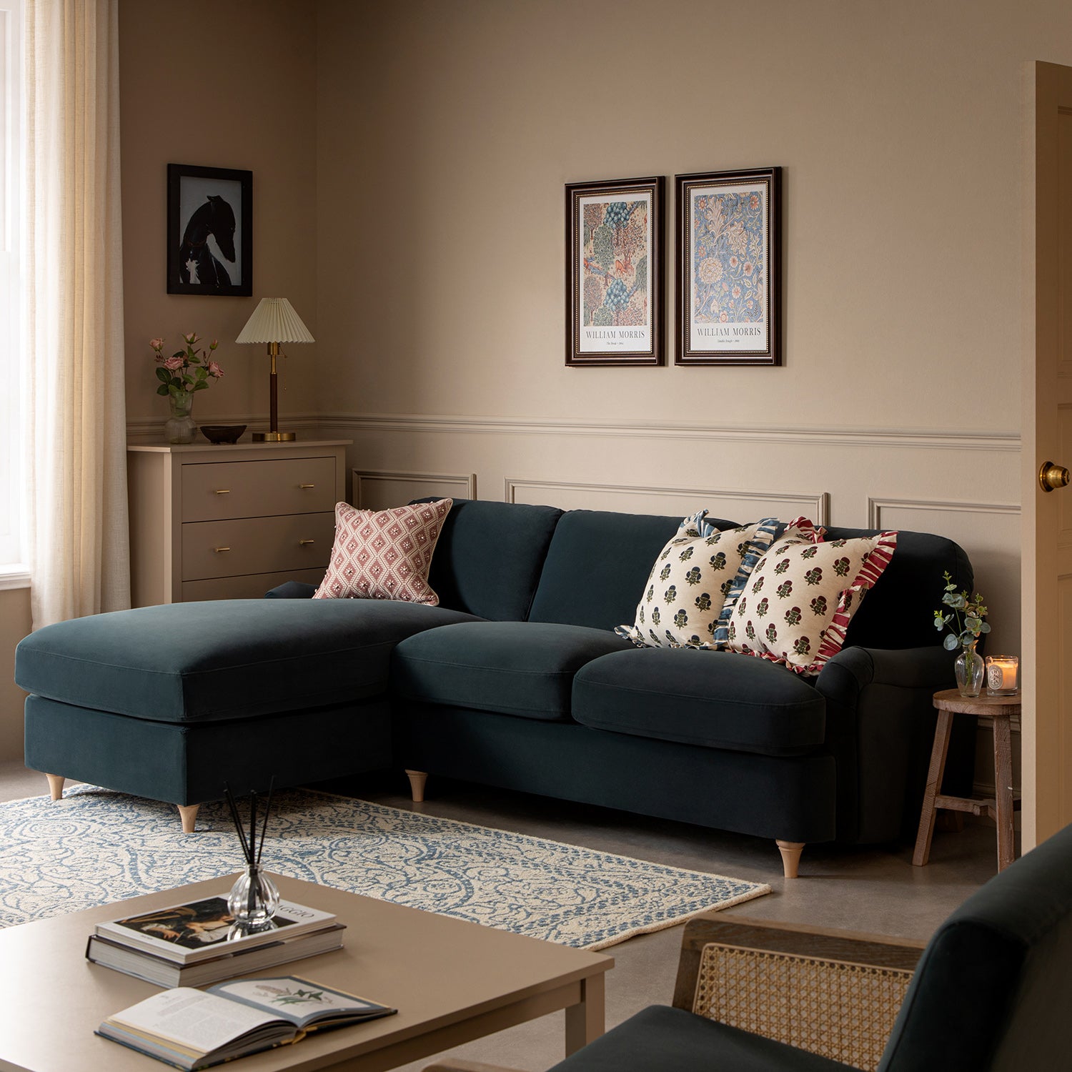 Daphnis Aegean Blue Velvet Sofa Bed, Grande Chaise Left Hand Facing