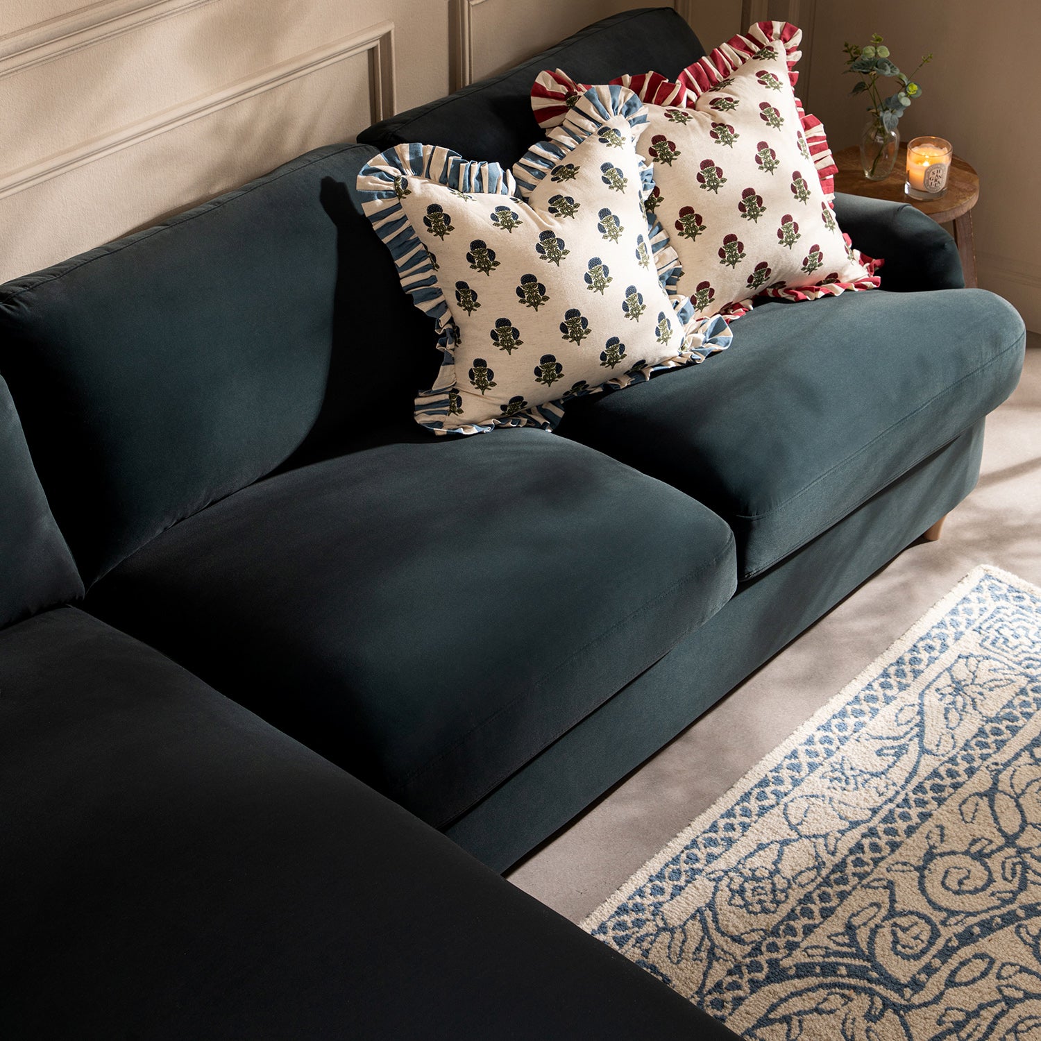 Daphnis Aegean Blue Velvet Sofa Bed, Grande Chaise Left Hand Facing