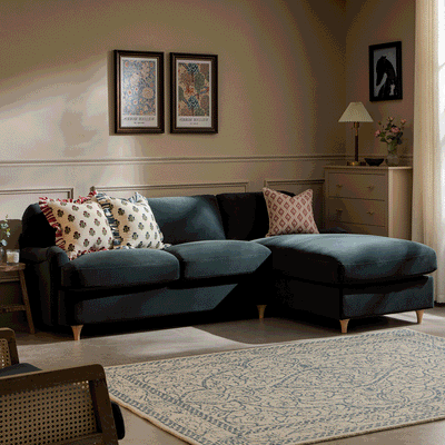 Daphnis Aegean Blue Velvet Sofa Bed, Grande Chaise Right Hand Facing