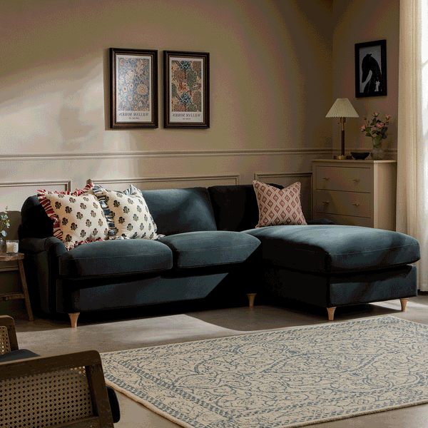 Daphnis Aegean Blue Velvet Sofa Bed, Grande Chaise Right Hand Facing - daals