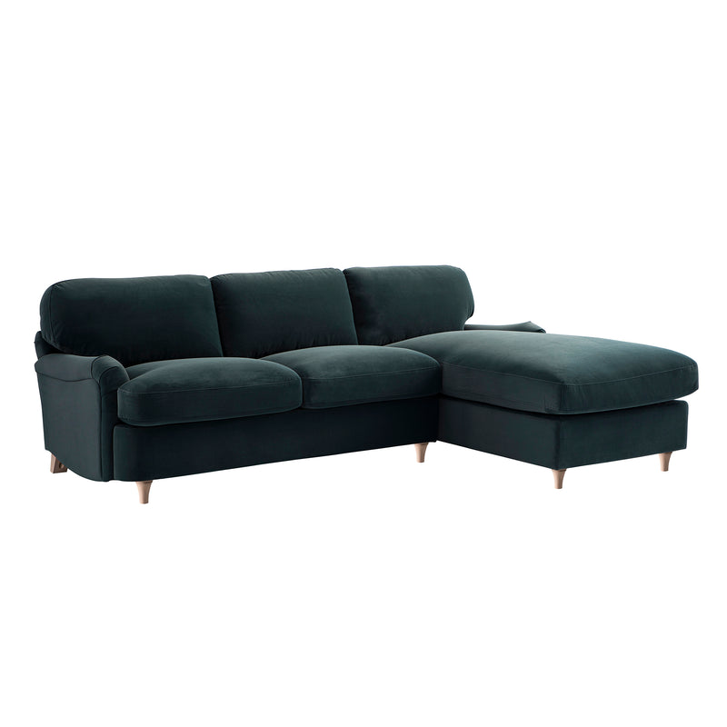 Daphnis Aegean Blue Velvet Sofa Bed, Grande Chaise Right Hand Facing