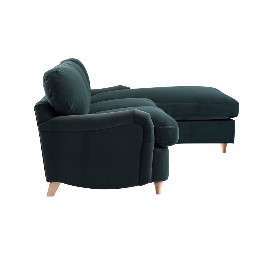 Daphnis Aegean Blue Velvet Sofa Bed, Grande Chaise Right Hand Facing