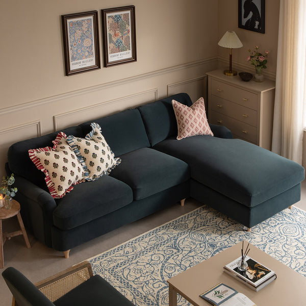 Daphnis Aegean Blue Velvet Sofa Bed, Grande Chaise Right Hand Facing - daals