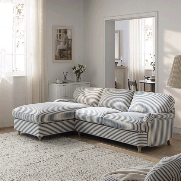 Daphnis Blue Striped Linen Blend Sofa Bed, Grande Chaise Left Hand Facing - daals