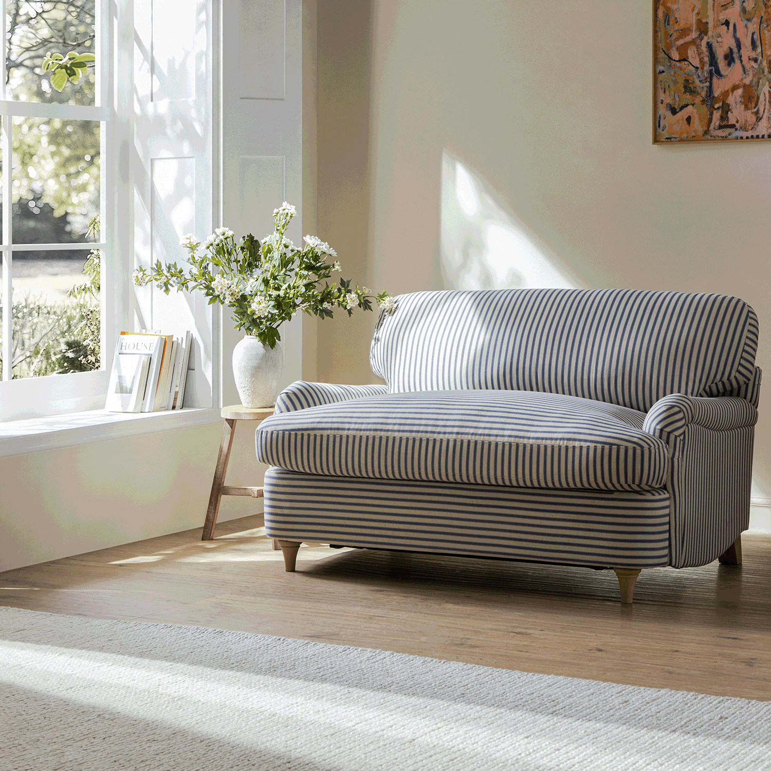 Daphnis Blue Striped Linen Blend Fabric Sofa Bed, Loveseat