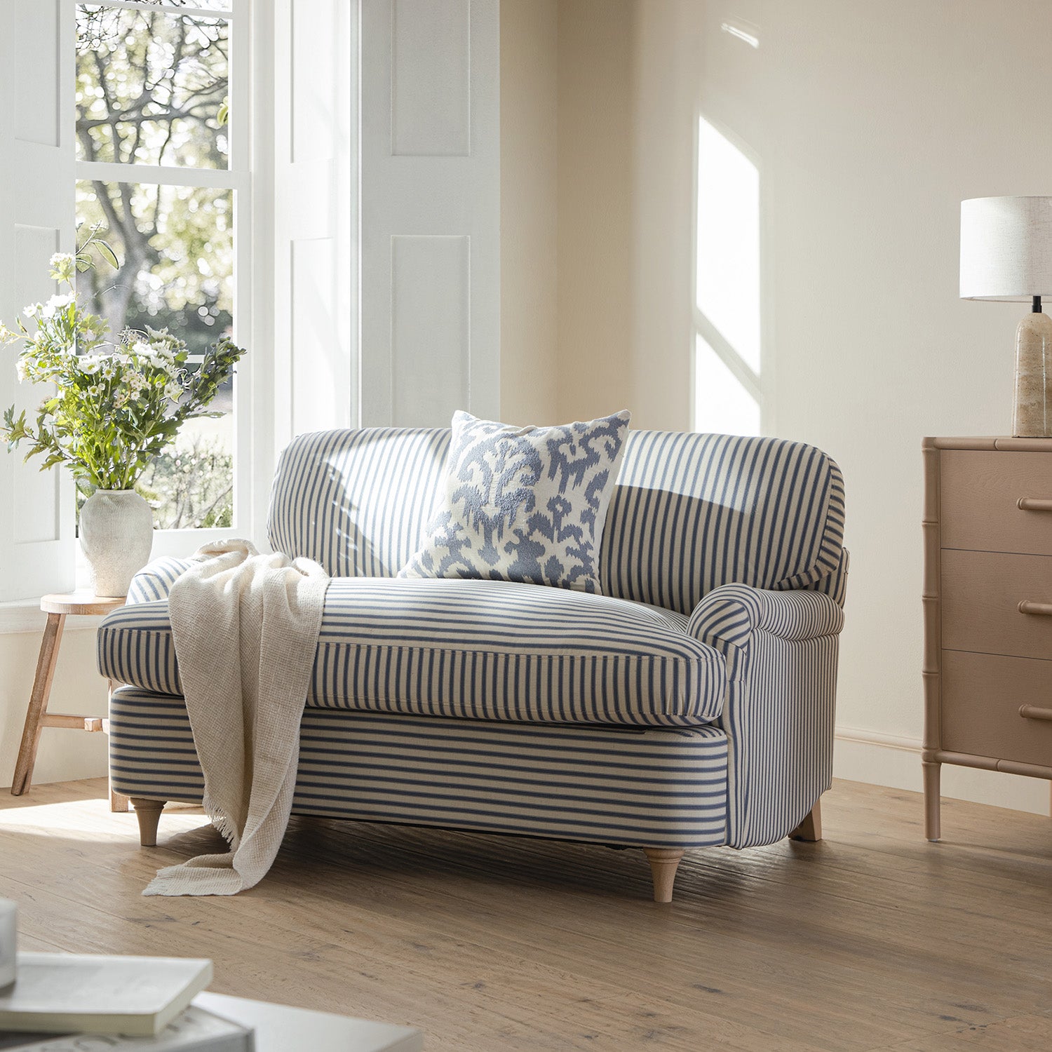 Daphnis Blue Striped Linen Blend Fabric Sofa Bed, Loveseat