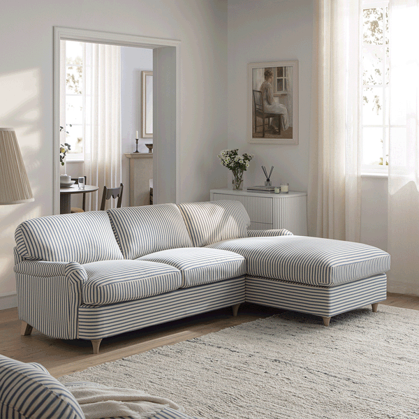 Daphnis Blue Striped Linen Blend Sofa Bed, Grande Chaise Right Hand Facing - daals