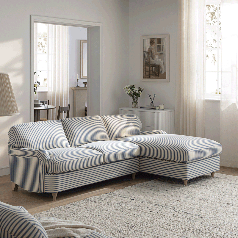 Daphnis Blue Striped Linen Blend Sofa Bed, Grande Chaise Right Hand Facing