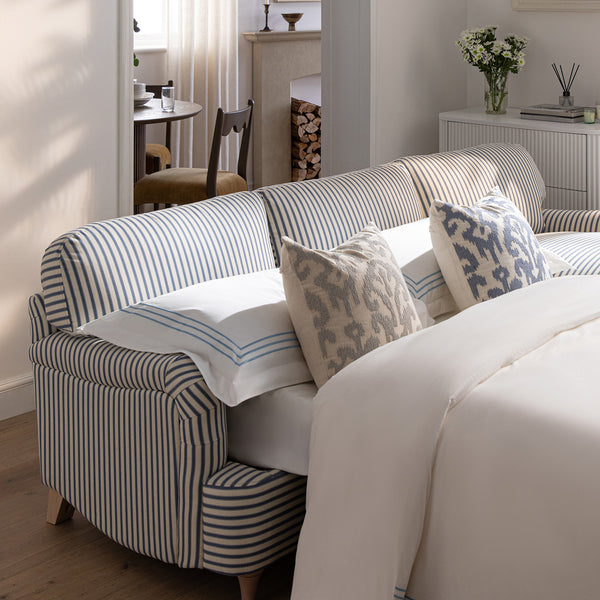 Daphnis Blue Striped Linen Blend Sofa Bed, Grande Chaise Right Hand Facing