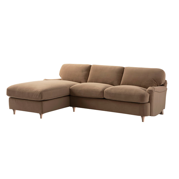 Daphnis Camel Velvet Sofa Bed, Grande Chaise Left Hand Facing