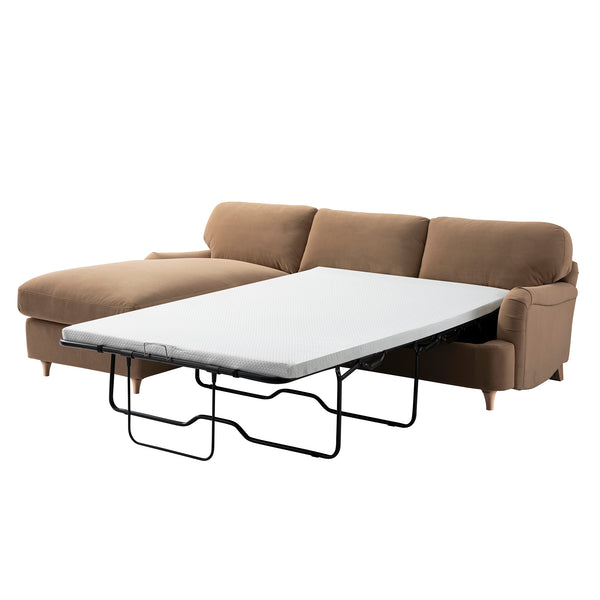 Daphnis Camel Velvet Sofa Bed, Grande Chaise Left Hand Facing