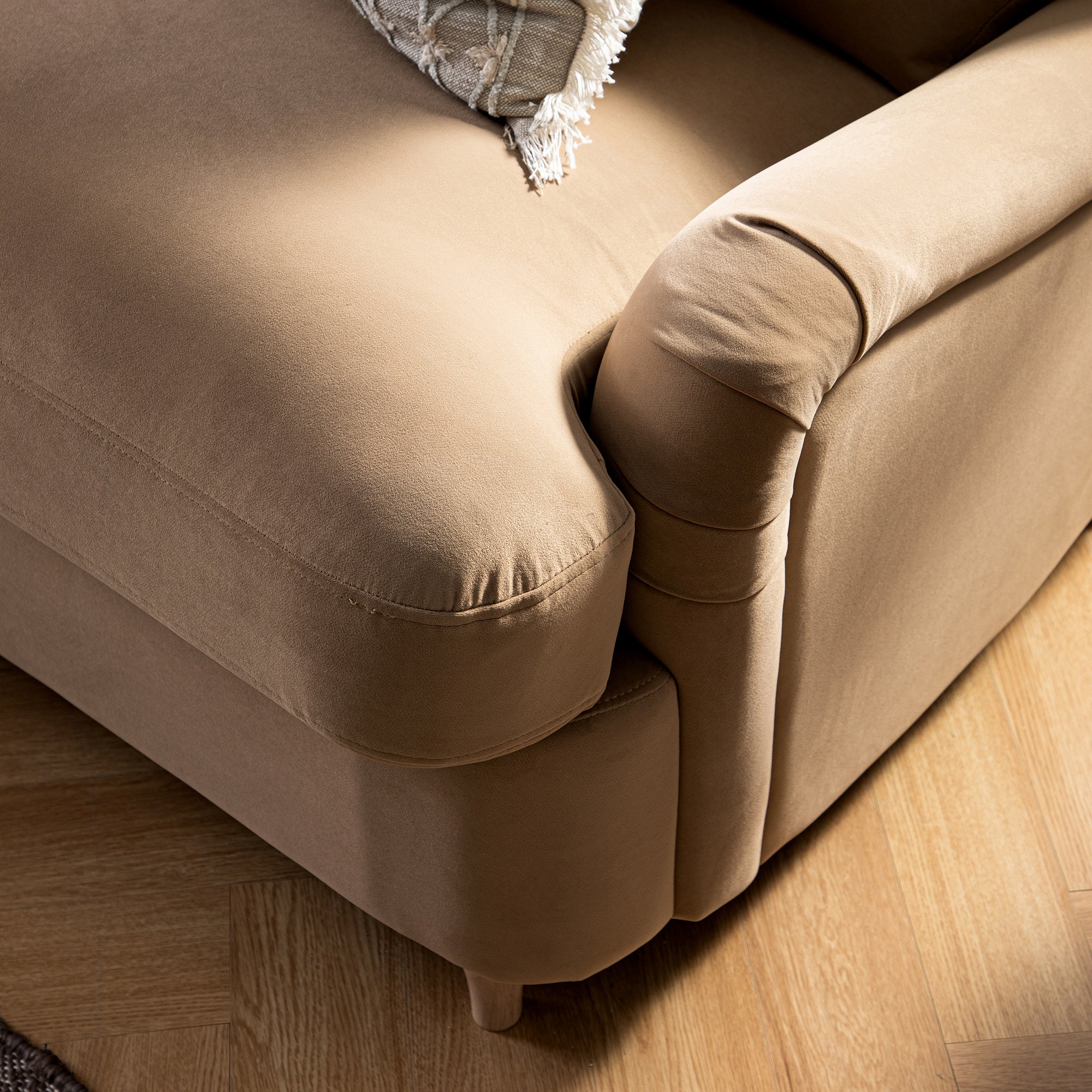 Daphnis Camel Velvet Sofa Bed, Grande Chaise Left Hand Facing