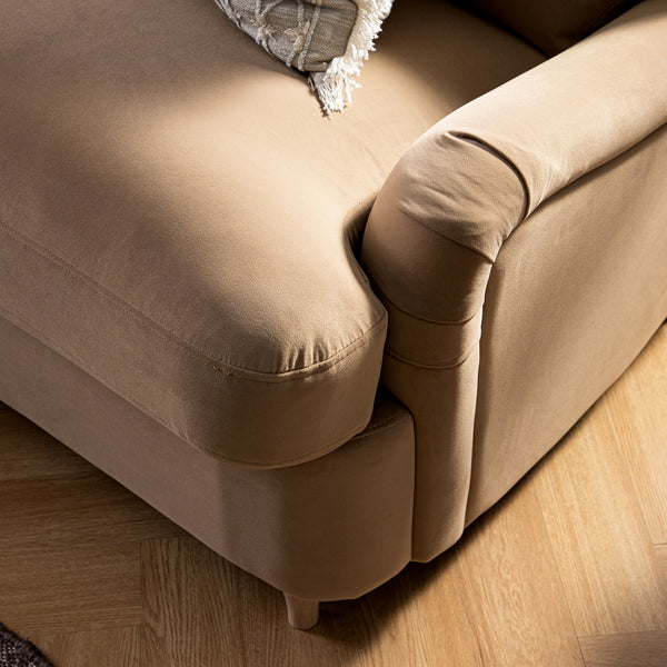 Daphnis Camel Velvet Sofa Bed, Grande Chaise Left Hand Facing