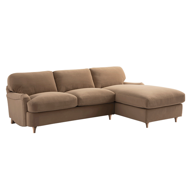 Daphnis Camel Velvet Sofa Bed, Grande Chaise Right Hand Facing