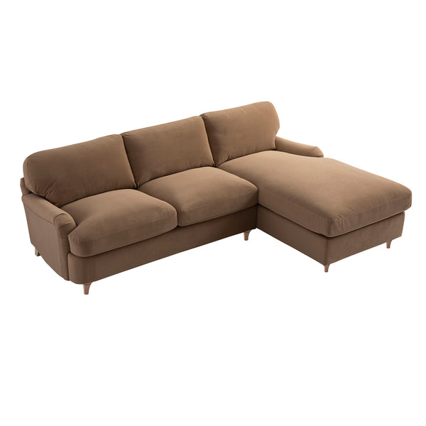 Daphnis Camel Velvet Sofa Bed, Grande Chaise Right Hand Facing