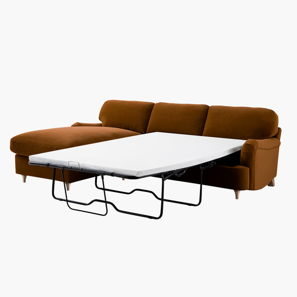 Daphnis Cinnamon Velvet Sofa Bed, Grande Chaise Left Hand Facing