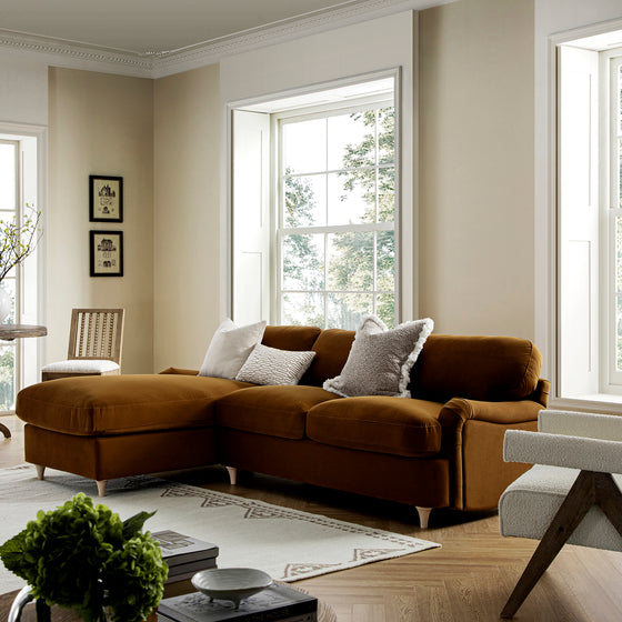 Daphnis Cinnamon Velvet Sofa Bed, Grande Chaise Left Hand Facing