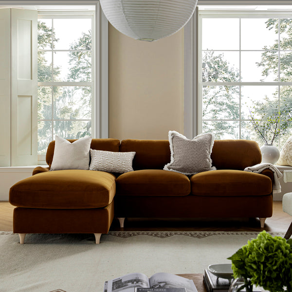 Daphnis Cinnamon Velvet Sofa Bed, Grande Chaise Left Hand Facing