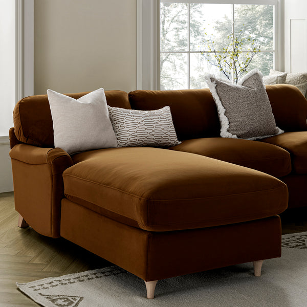 Daphnis Cinnamon Velvet Sofa Bed, Grande Chaise Left Hand Facing