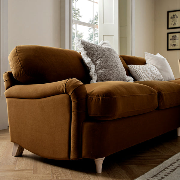 Daphnis Cinnamon Velvet Sofa Bed, Grande Chaise Sofa Right Hand Facing