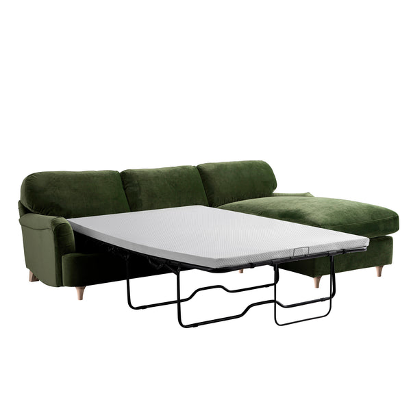 Daphnis Fern Green Velvet Sofa Bed, Grande Chaise Right Hand Facing